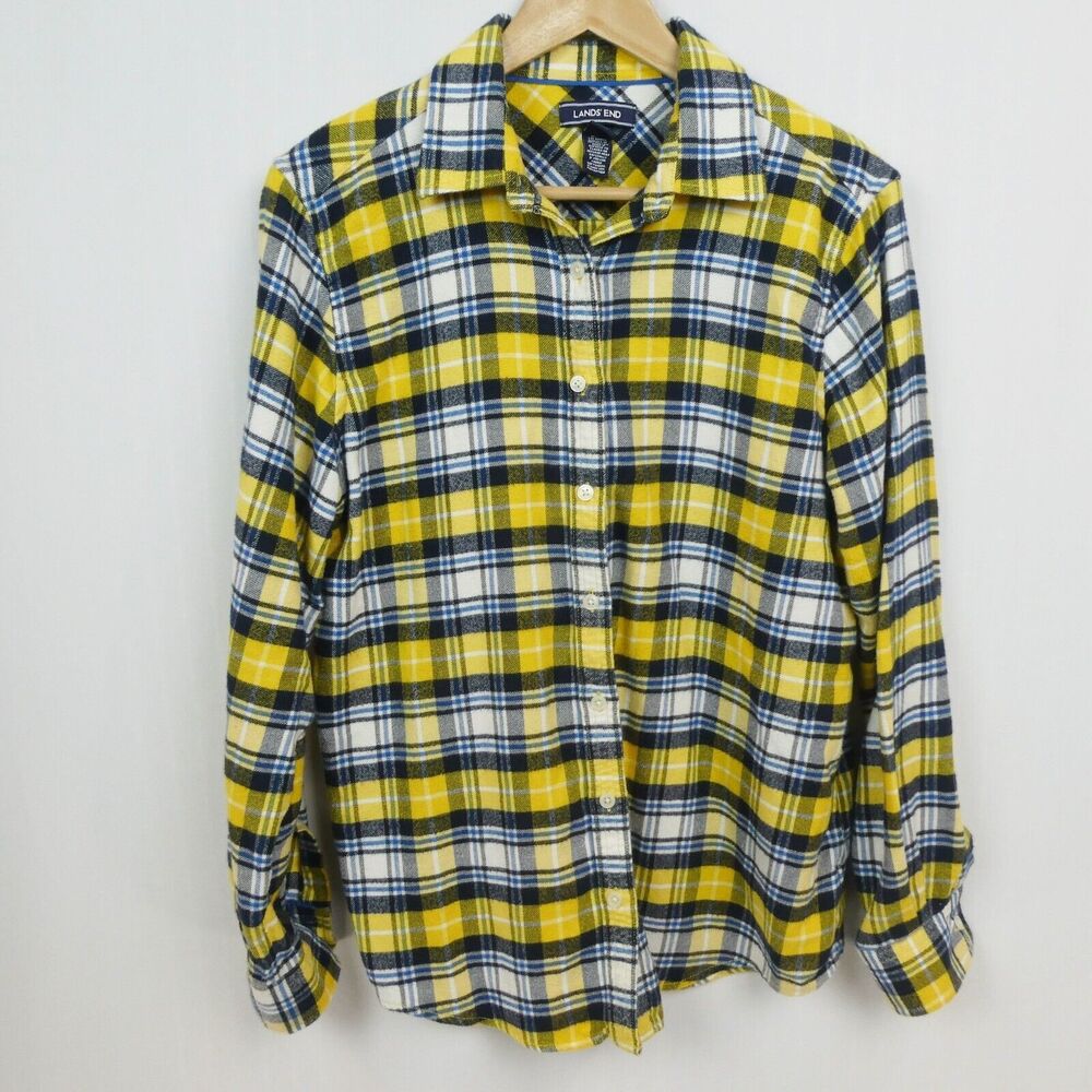 Lands' End‎ Soft Brushed Flannel Button-Up Sz 12 Yellow Navy Plaid